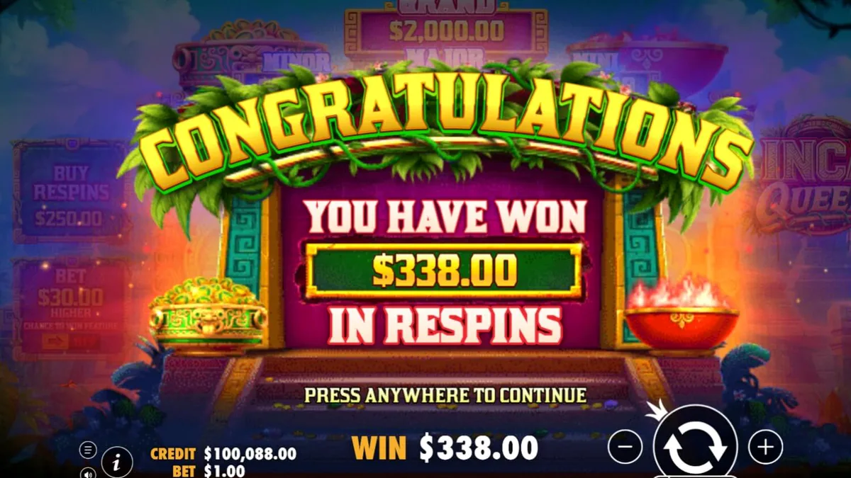 Tampilan visual slot Inca Queen dengan latar belakang kuil kuno dan simbol koin emas.