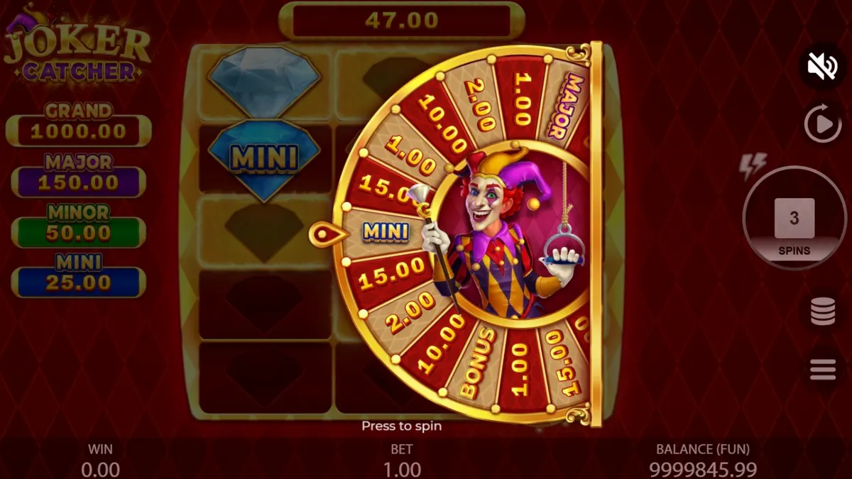 Tampilan visual slot Joker Catcher dengan simbol klasik dan Joker di tengah gulungan