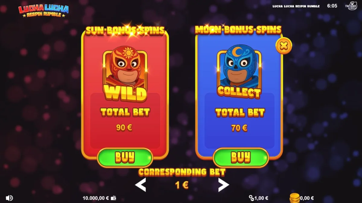 Tampilan antarmuka seluler slot Lucha Lucha Respin Rumble dengan tema pegulat Meksiko yang penuh warna.