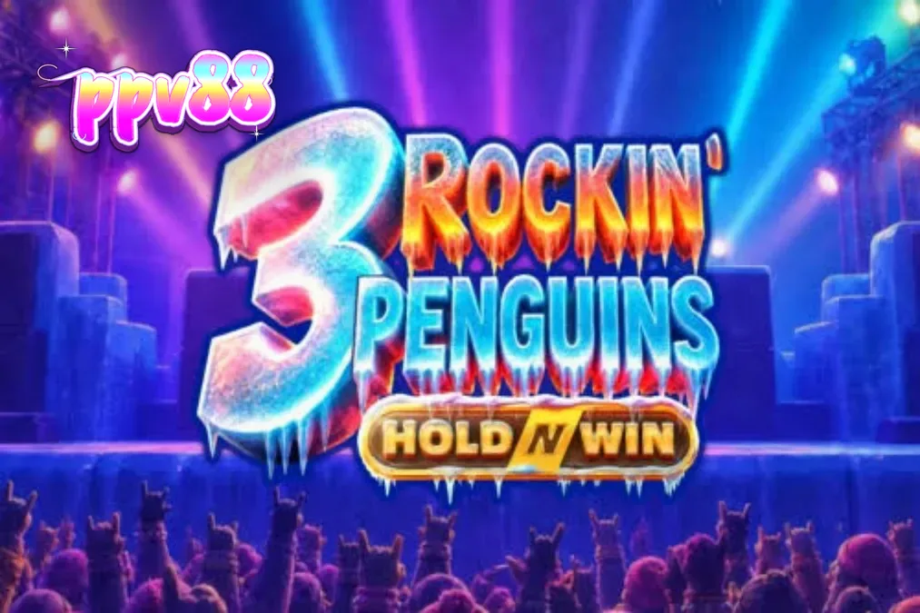 Tiga penguin punk rock di atas panggung es dalam slot 3 Rockin’ Penguins